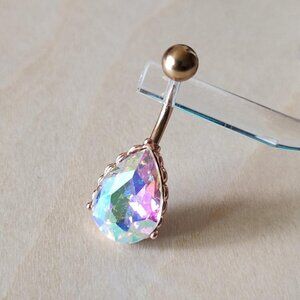 Rose Gold iridescent  Aurora Borealis Finish Tear Drop Belly Button Ring.